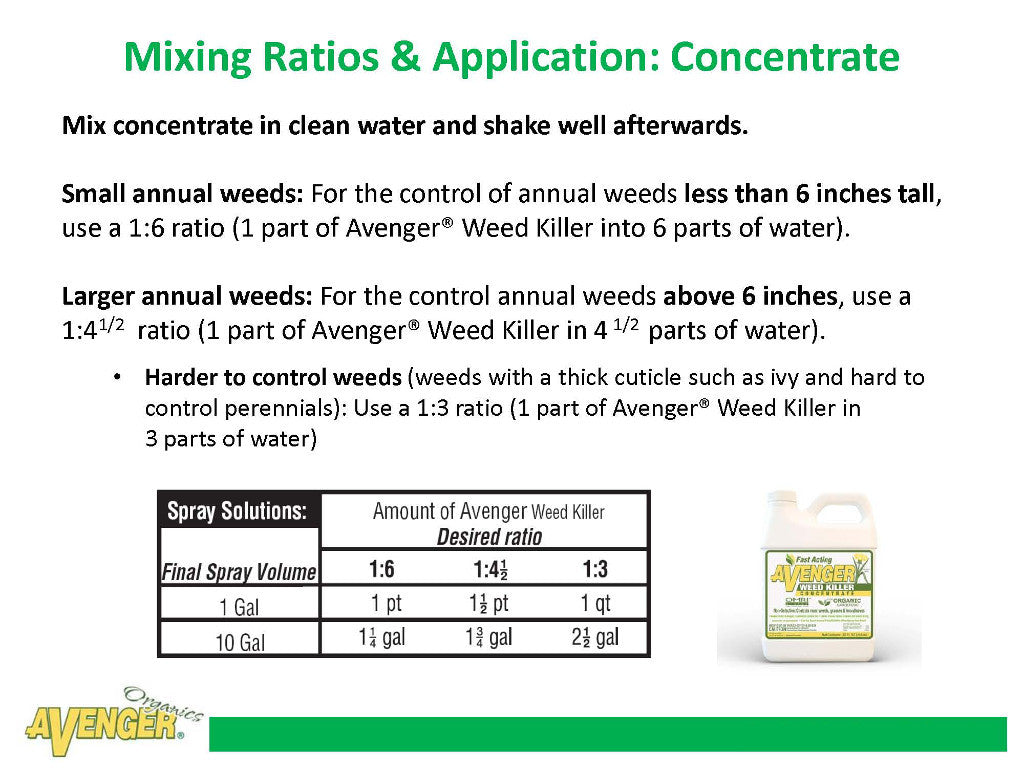 Mixing Ratios and Application for Avenger Organic Non Toxic Weed Killer Concentrate