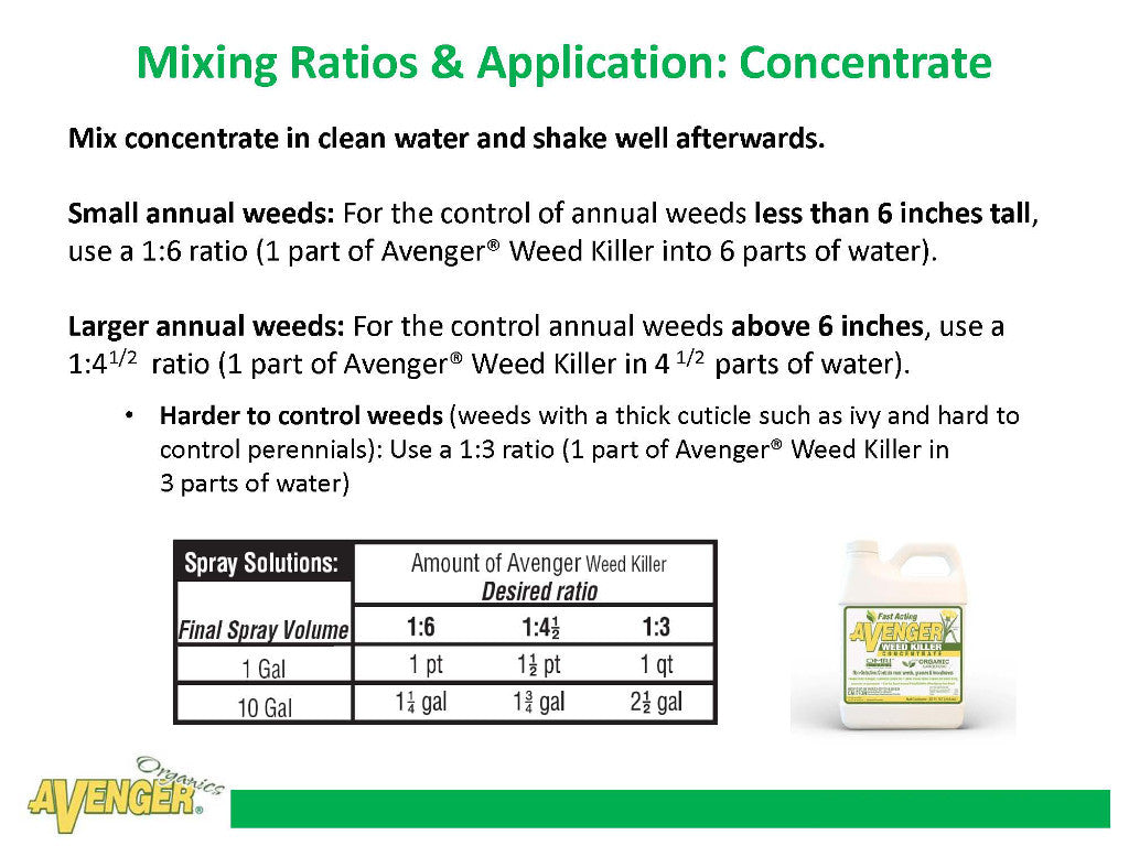 Mixing Ratios and Application for Avenger Organic Non Toxic Weed Control Killer Concentrate