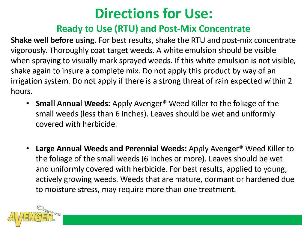 Avenger Organic Weed Control Killer Ready-To-Use (RTU) Directions for Use: Ready to Use (RTU) and Post-Mix Concentrate - Rocky Mountain Bio-Ag