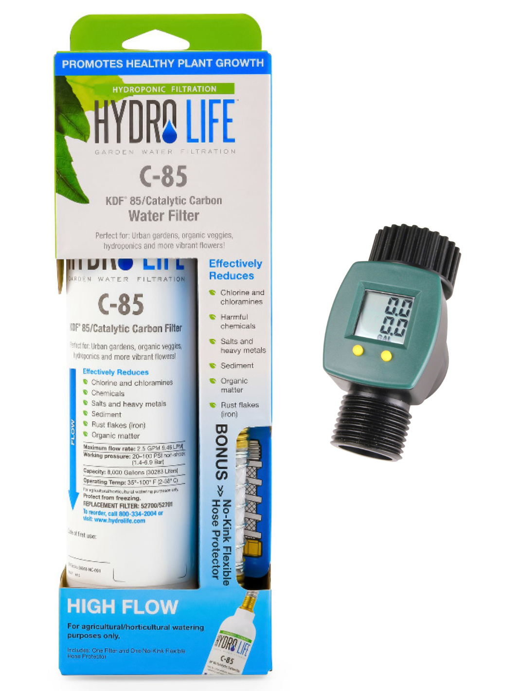Hydro Life C-85 Water Filter with No-Kink Flex Hose Protector with Save A Drop Water Meter