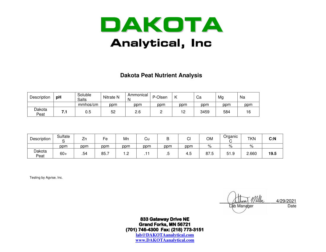 Dakota Peat Nutrient Analysis