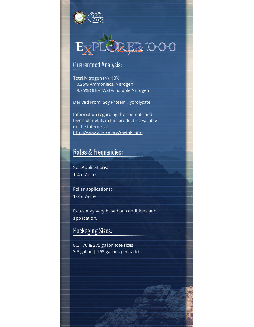 Explorer 10-0-0 Liquid Organic Fertilizer Analysis and Application Instructions