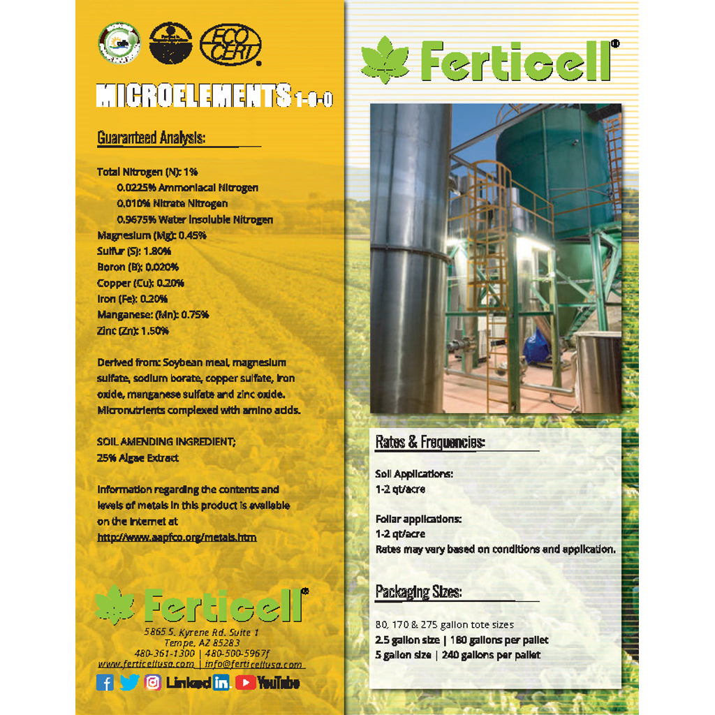 Ferticell Microelements 1-0-0 Organic Fertilizer Analysis and Rates Information