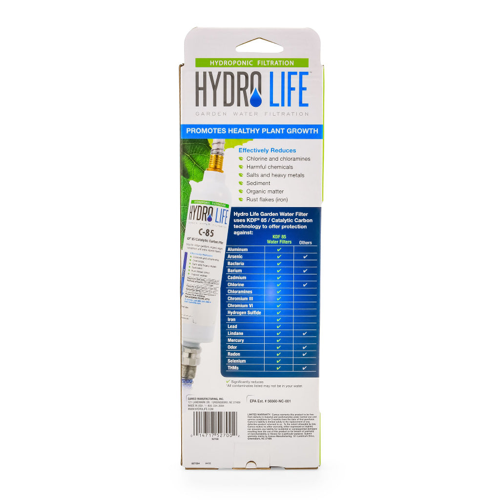 Back of Hydro Life C-85 Water Filter Hose Protector with No-Kink Flex