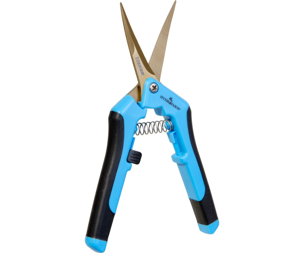 Blue Hydrofarm Precision Titanium Pruner Curved Blade Open
