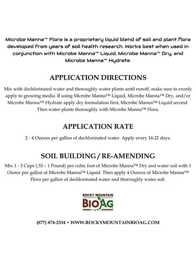 Microbe Manna™ Flora soil microbes exclusively from Rocky Mountain BioAg® Directions and Application Rate