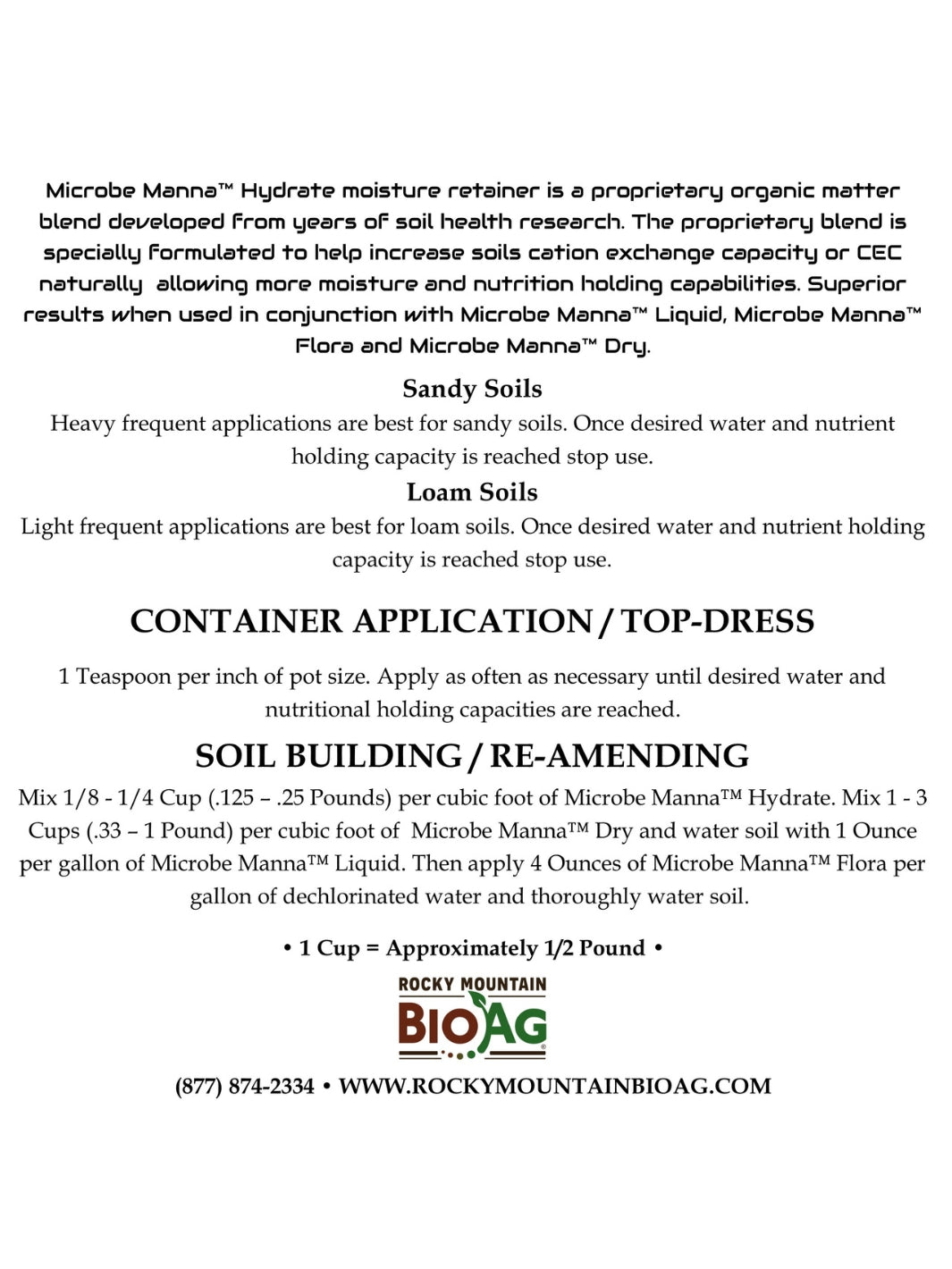 Microbe Manna™ Hydrate back label Rocky Mountain BioAg®