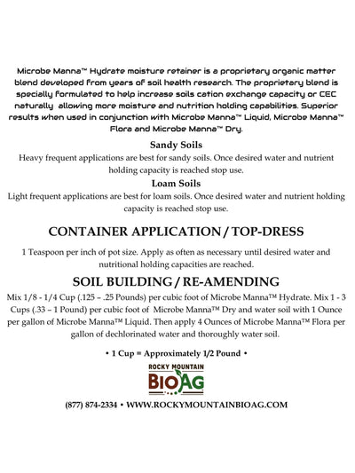 Microbe Manna™ Hydrate back label Rocky Mountain BioAg®