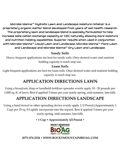 Microbe Manna™ Hydrate Lawn and Landscape back label Rocky Mountain BioAg®