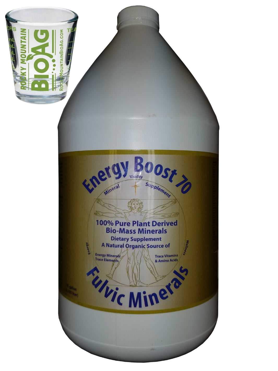 1 Gallon of Energy Boost 70 Fulvic Acid by Morningstar Minerals With Rocky Mountain BioAg Shot Glass