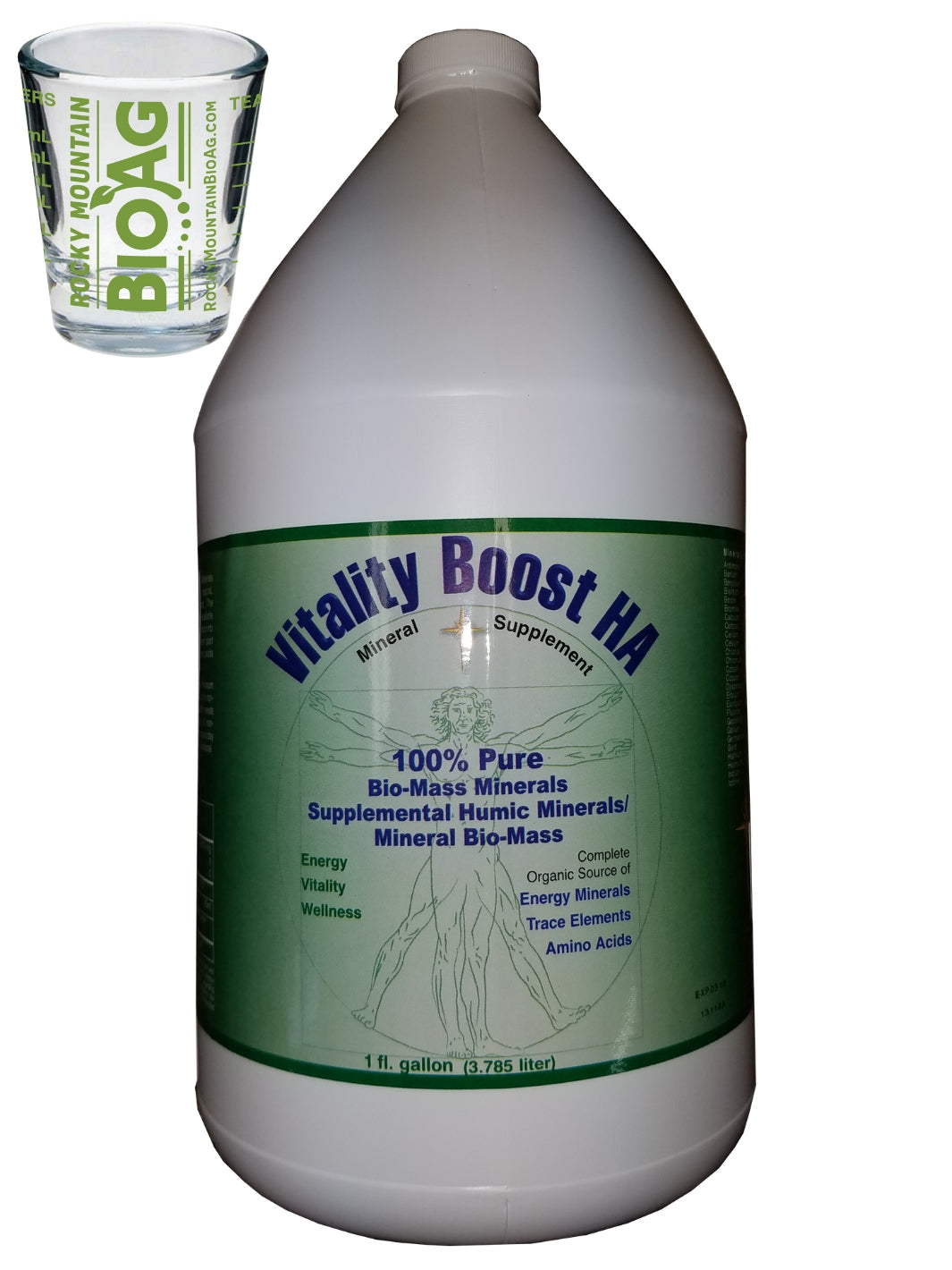 1 Gallon of Vitalty Boost HA Humic Acid by Morningstar Minerals With Rocky Mountain BioAg Measuring Shot Glass