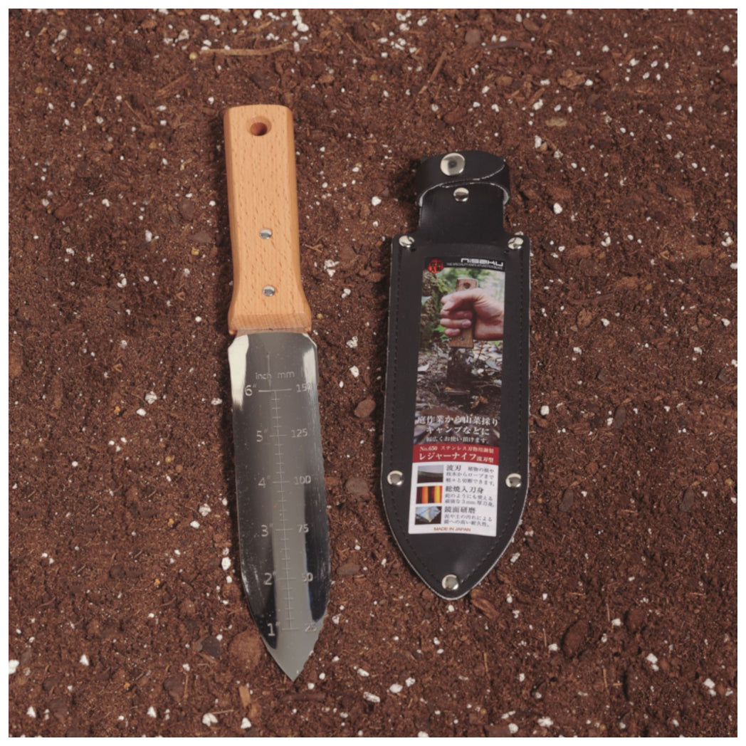 Hori Hori Gardening Knife with Sheath on Soil