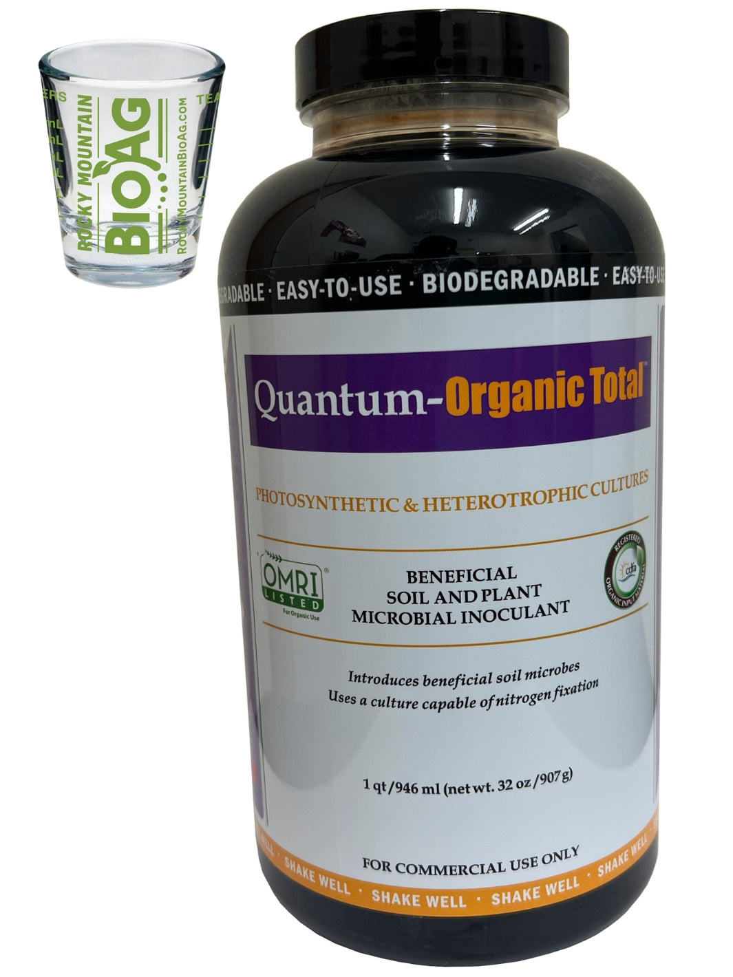 Quantum Growth Organic Total microbial inoculant in 1 Qt Bottle With Rocky Mountain BioAg Measuring Shot Glass