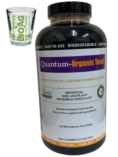 Quantum Growth Organic Total microbial inoculant in 1 Qt Bottle With Rocky Mountain BioAg Measuring Shot Glass
