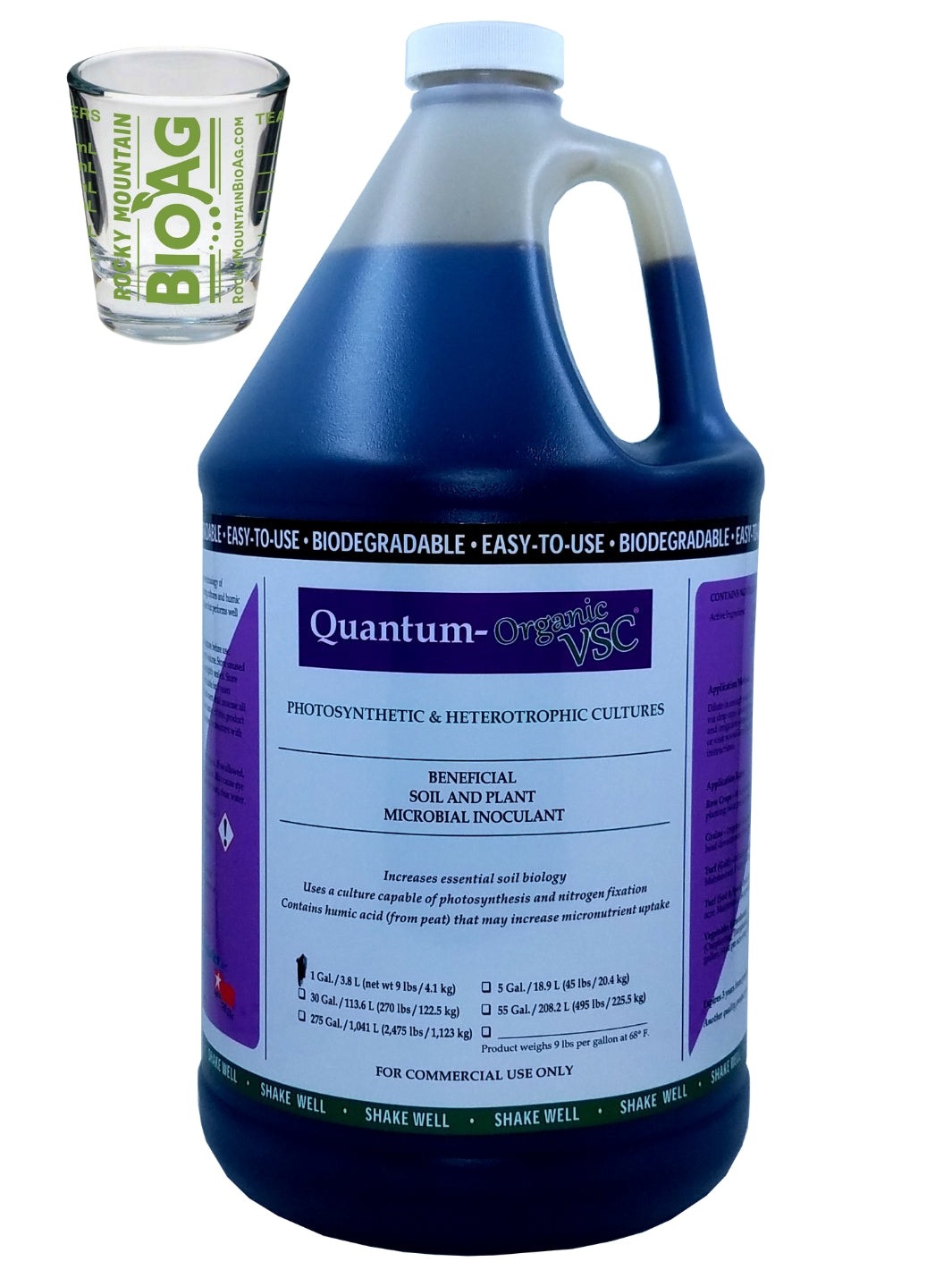 Quantum Grtowth Organic VSC soil biological inoculant in 1 Gallon Bottle With Rocky Mountain BioAg Measuring Shot Glass