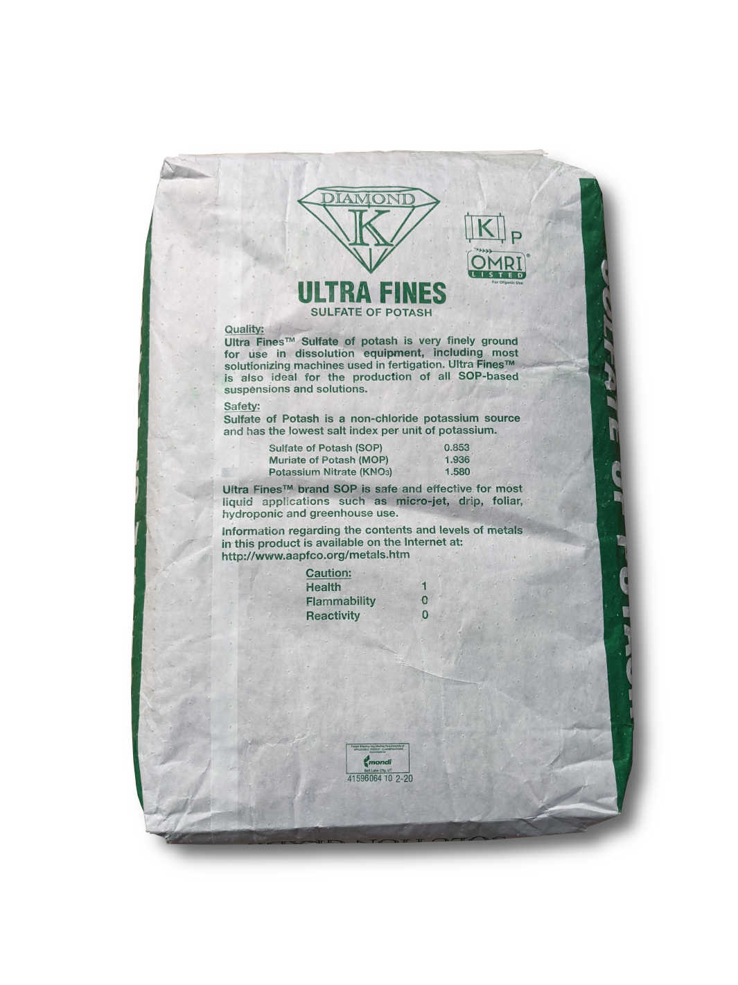 Back of 50lb Bag of Sulfate of Potash Diamond K Ultra Fines Potassium Sulfate