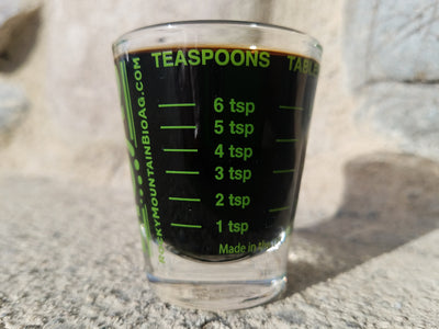 Rocky Mountain BioAg Measuring Shot Glass Teaspoon Measurement Markings
