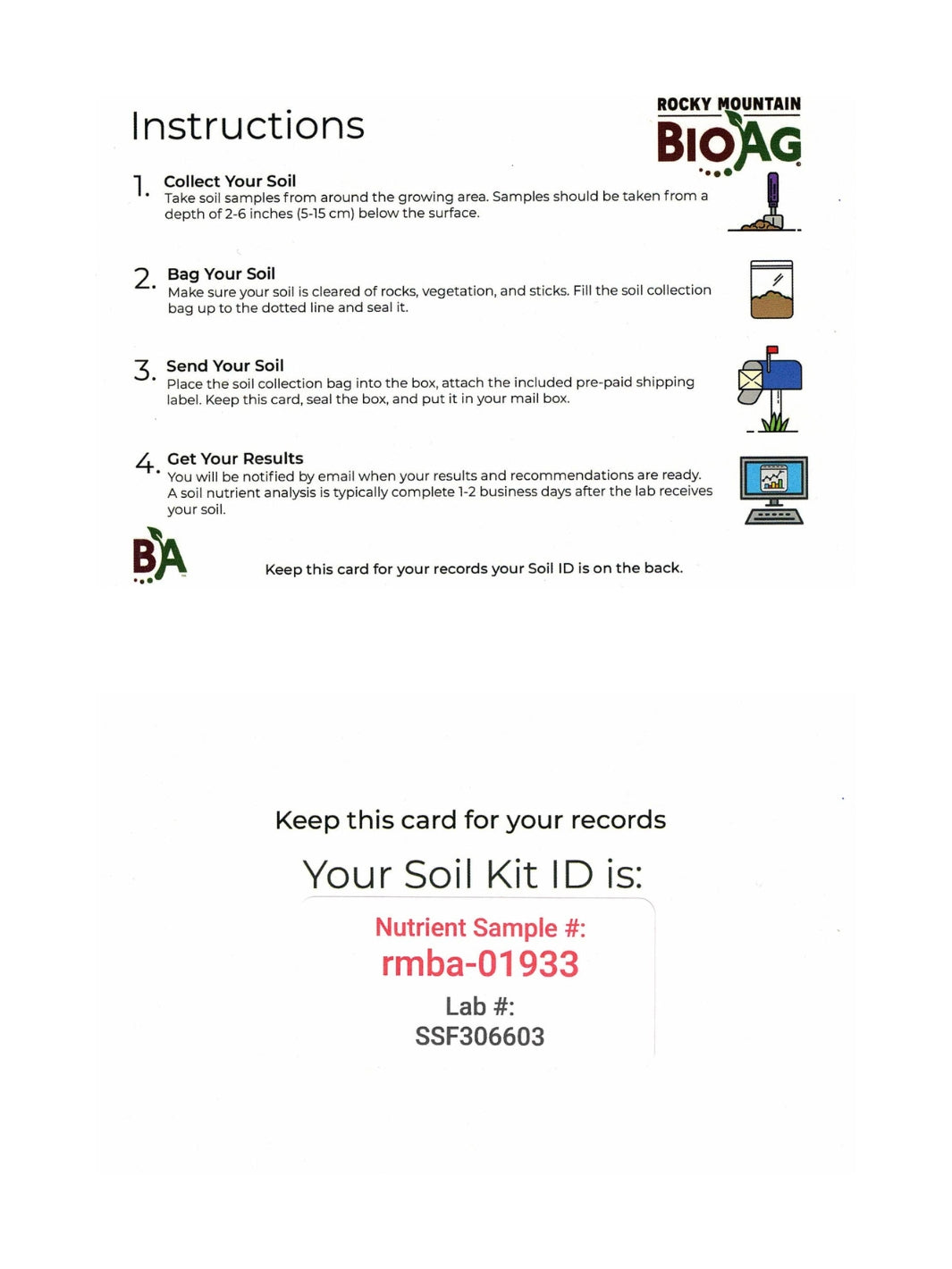 RxSoil Rocky Mountain BioAg Soil Test Kit Instruction Card Front and Back