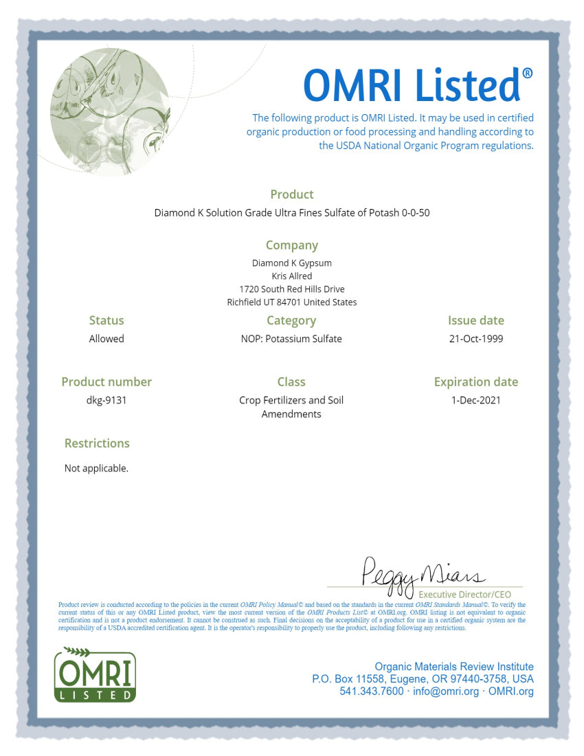 Diamond K  Sulfate of potassium potash OMRI listing documentation