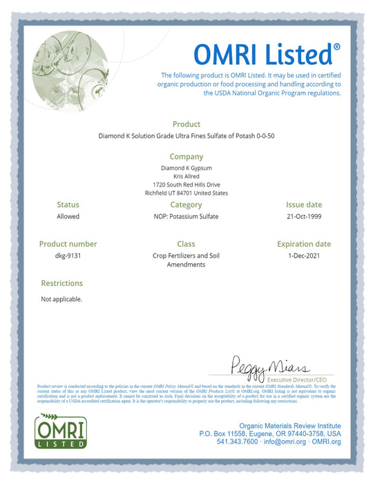Diamond K  Sulfate of potassium potash OMRI listing documentation